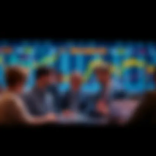 A group of investors analyzing stock market charts and discussing strategies for buying assets