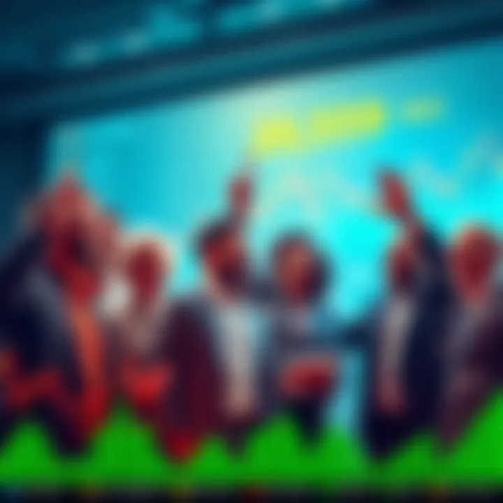A group of diverse investors excitedly discussing cryptocurrencies, with charts and graphs showing rising values in the background.