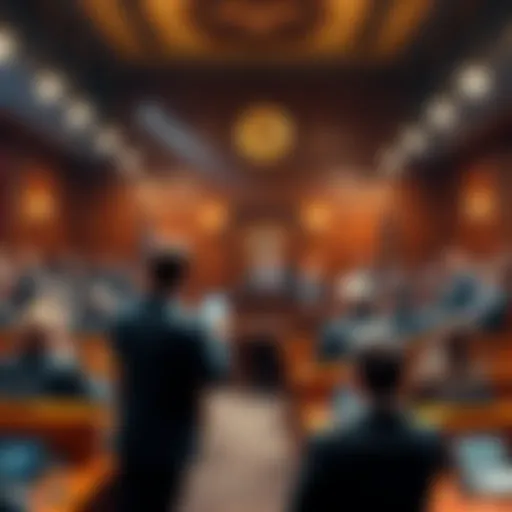Group of investors in a courtroom filing a lawsuit against cryptocurrency exchanges for £9 billion over shitcoins