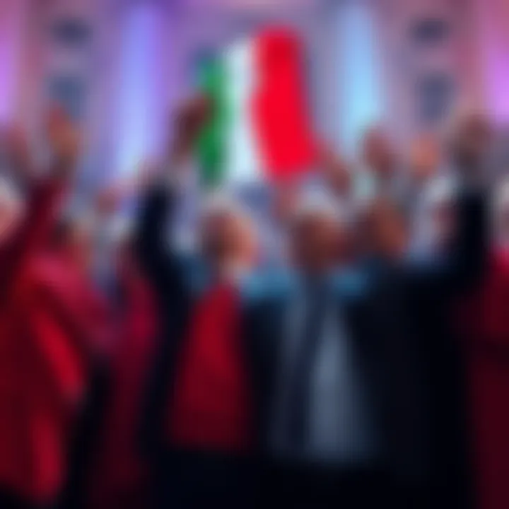 A group of Italian lawmakers celebrating the new law preventing banks from closing accounts with positive balances, showing unity and support for financial inclusion.