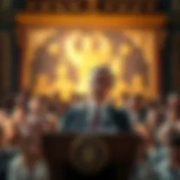 Jacob Rees-Mogg speaking at a podium about cryptocurrency censorship, with a crowd of attentive listeners