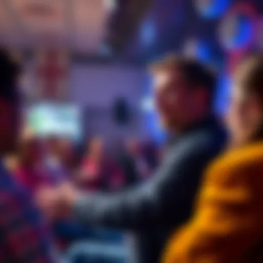 Jake Claver talks about his bold predictions at a lively forum, with people reacting in various ways around him.