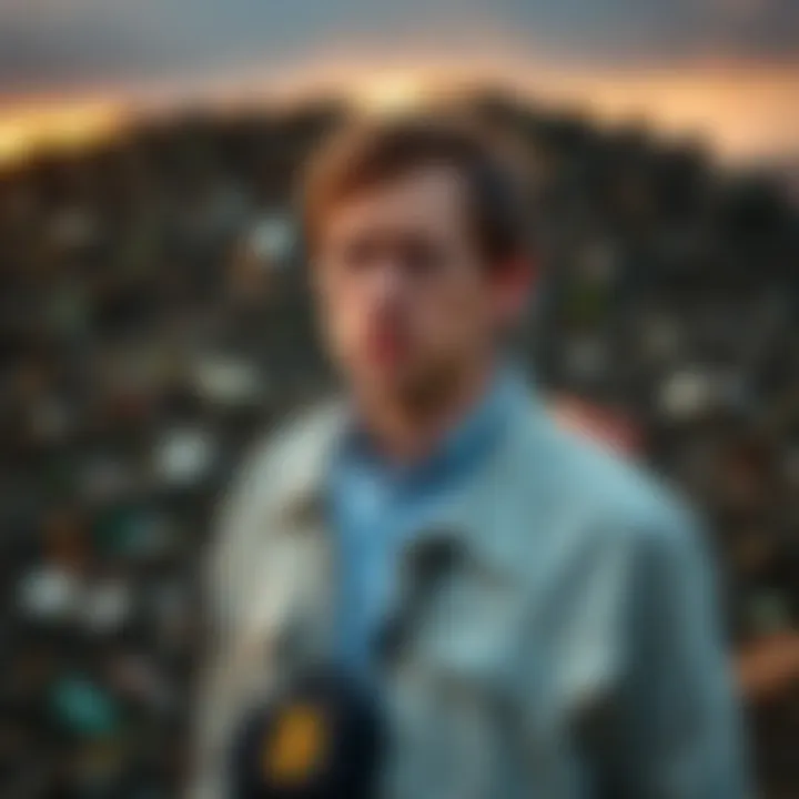 James Howells looking disappointed while standing in front of a landfill site, symbolizing his 12-year search for a lost hard drive containing Bitcoin.
