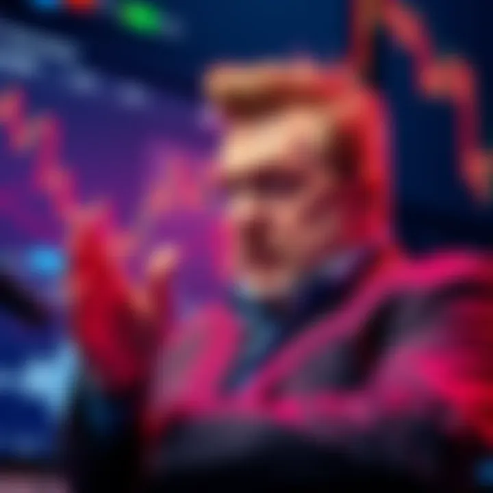 James Wynn taking a bold short position in Bitcoin trading with charts and graphs in the background