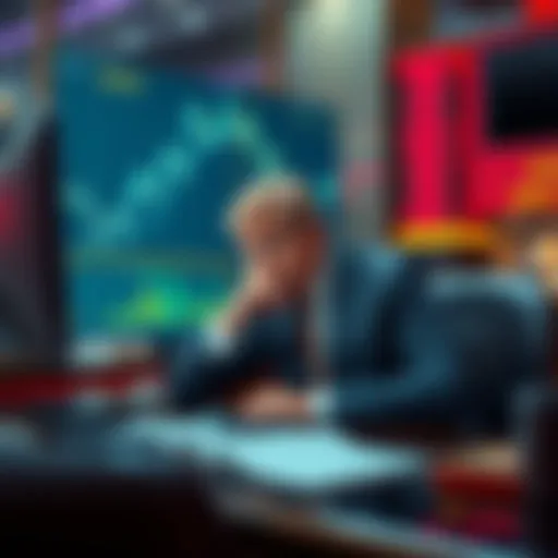 James Wynn sits at a desk, looking thoughtfully at a chart showing financial downturns, symbolizing his next moves after a significant loss.