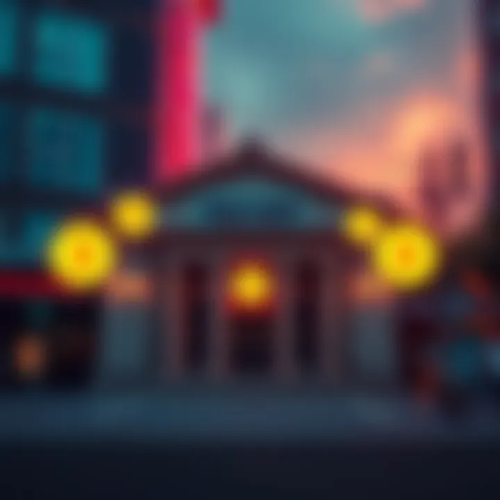 Japanese bank trading cryptocurrencies A bank building in Japan with digital cryptocurrency symbols around it, indicating potential trading opportunities.