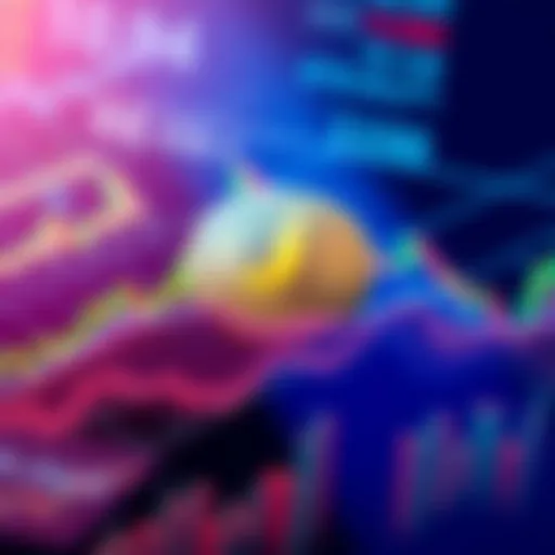 A digital representation of Jasmy coin surrounded by fluctuating market graphs and downward trends, symbolizing its uncertain future in the crypto market.