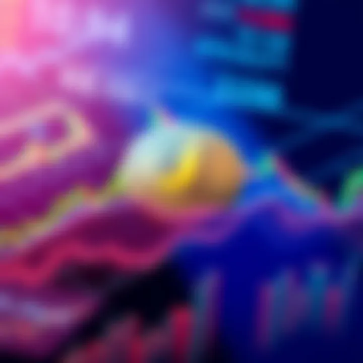 A digital representation of Jasmy coin surrounded by fluctuating market graphs and downward trends, symbolizing its uncertain future in the crypto market.