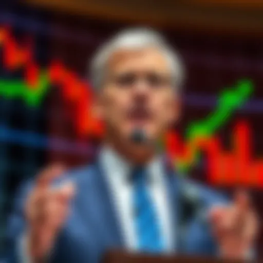 Federal Reserve Chairman Jerome Powell delivering a speech with financial charts in the background