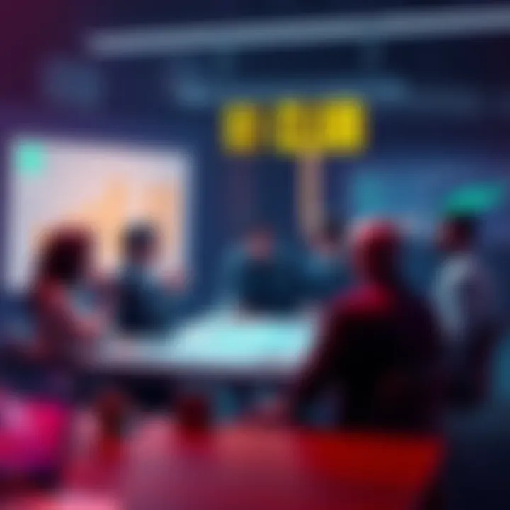 A group of people discussing membership criteria for the $1 Club, with a focus on charts and achievements on a table.