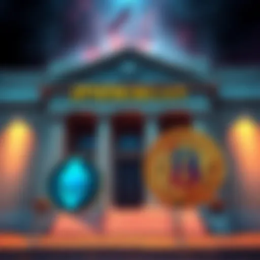 A bank representing JPMorgan with Bitcoin and Ethereum symbols as loan collateral