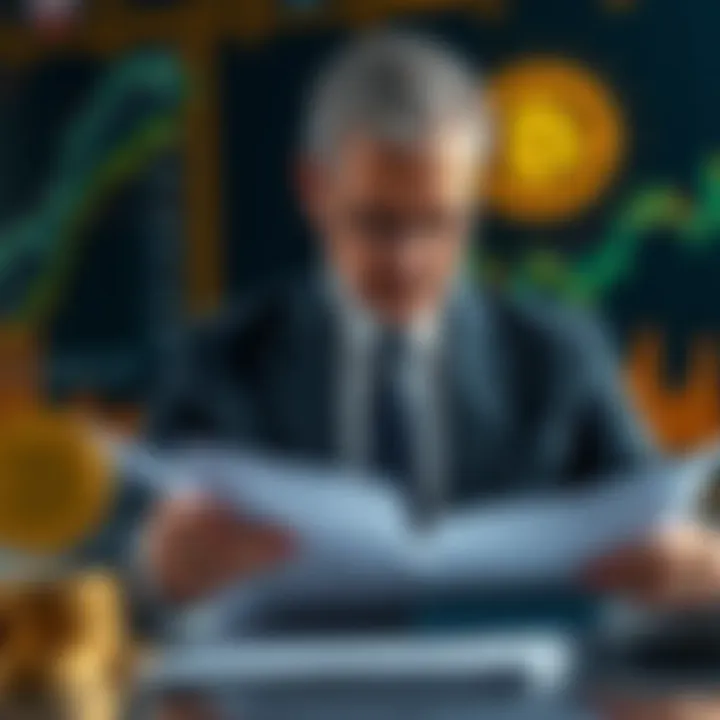 A banker reviewing financial documents with Bitcoin and crypto ETF graphics in the background.