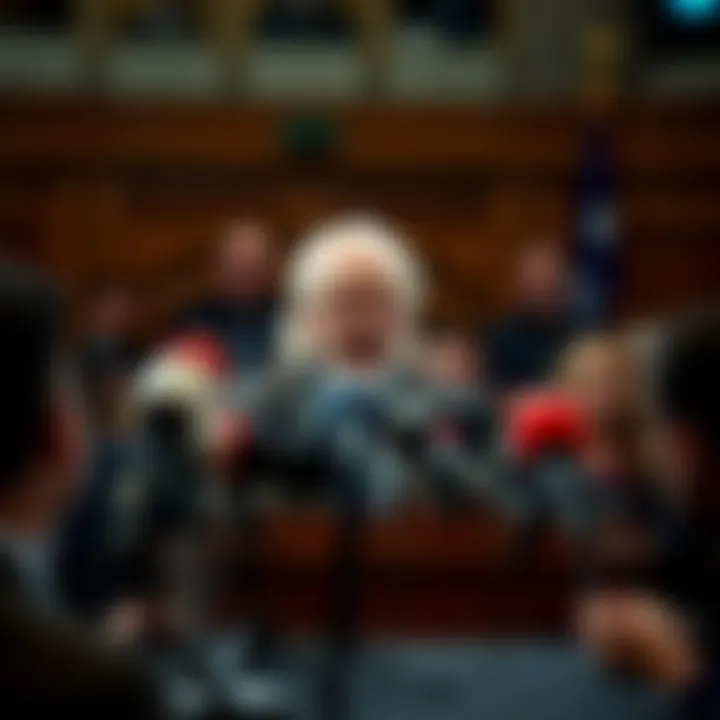 Julian Assange speaking at a press conference Julian Assange at a podium, addressing a crowd with microphones around him, highlighting a passionate speech about press freedom.