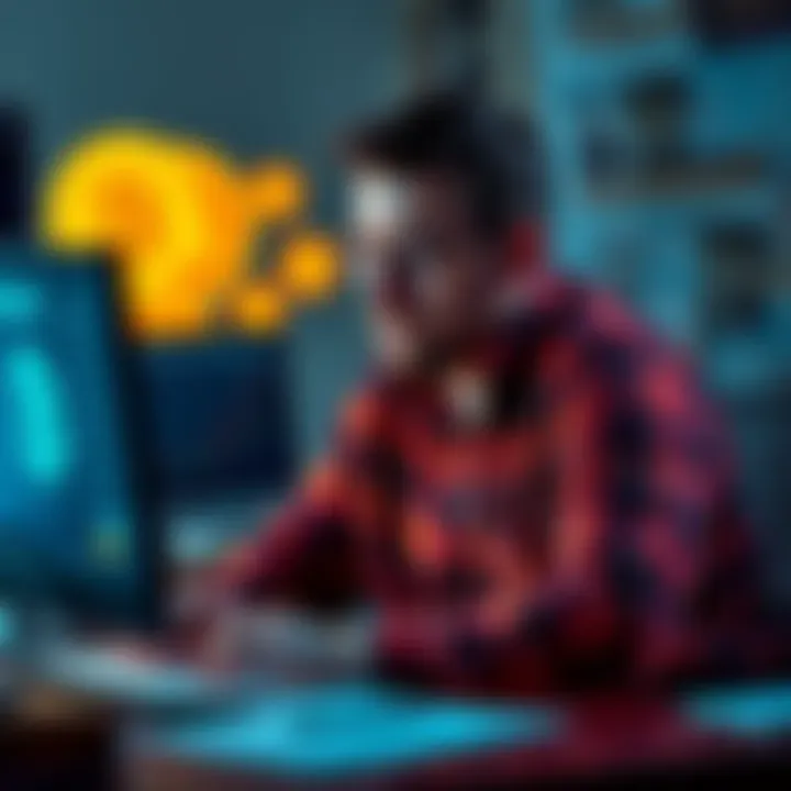 A distressed Kansas man sitting at a desk, looking at a computer screen with Bitcoin symbols, showing signs of financial loss