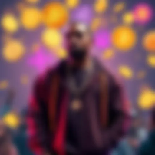 Kanye West standing with a backdrop of various memecoin symbols, expressing mixed emotions about cryptocurrency, while fans look on curiously.