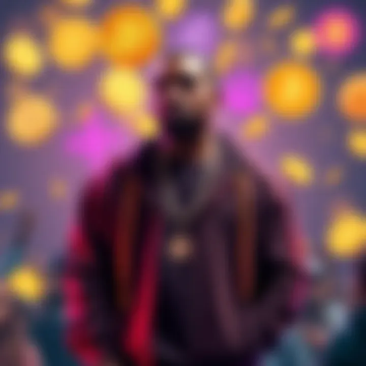 Kanye West standing with a backdrop of various memecoin symbols, expressing mixed emotions about cryptocurrency, while fans look on curiously.