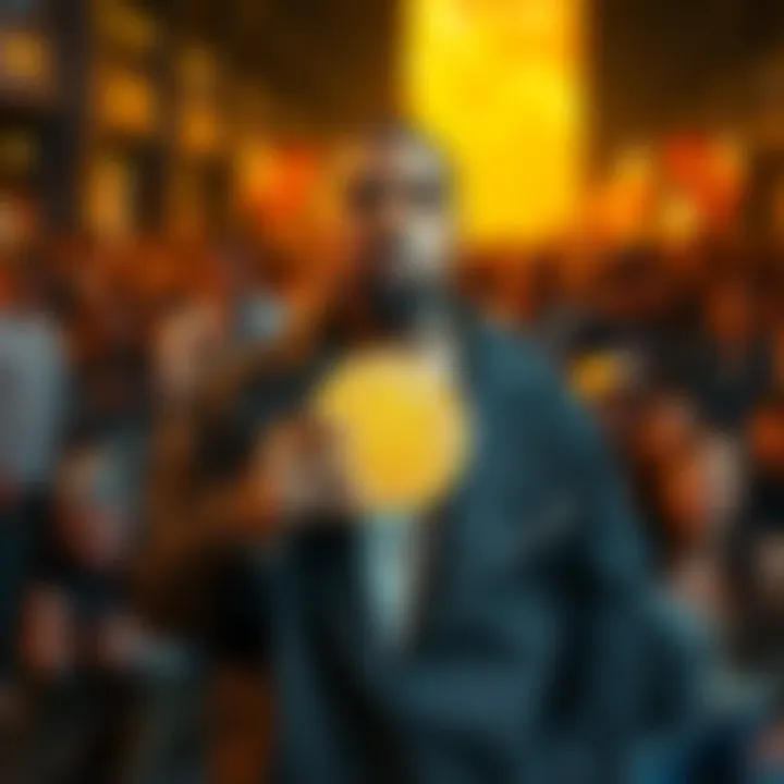 Kanye West stands confidently in a stylish outfit, holding a memecoin, with a surprised crowd in the background.