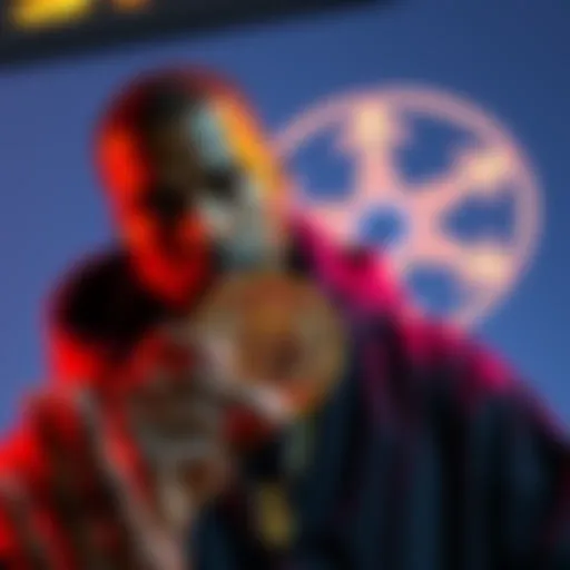 Kanye West holding a digital token with the Solana logo in the background