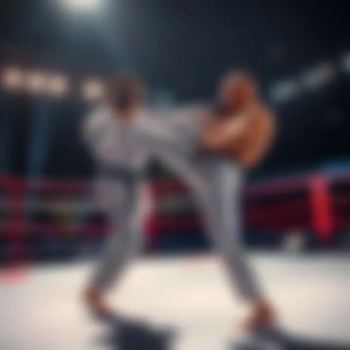 A Karate Combat fighter delivers a high kick during a match, showcasing agility and skill in the ring.