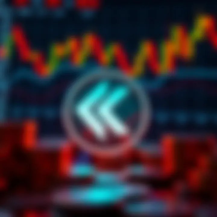 A representation of Kaspa logo with a background showing stock market graphs and digital coins, symbolizing investment opportunities.