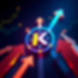 Kaspa logo surrounded by upward arrows, representing growth and future developments after the Crescendo Hardfork.