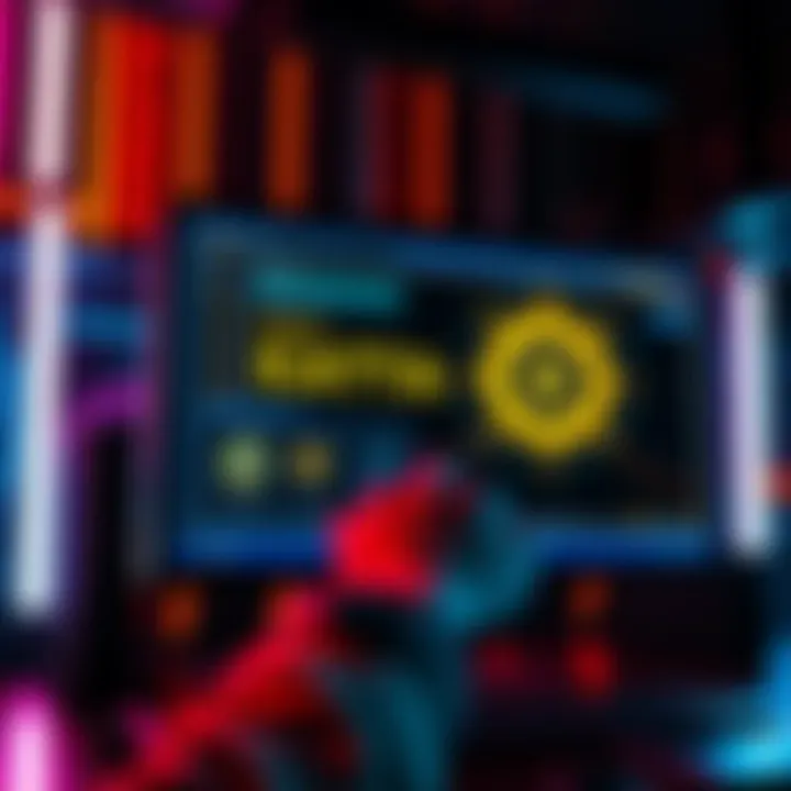 A person interacting with a computer screen displaying the Katana Testnet interface, showcasing blockchain elements and a vibrant digital design.