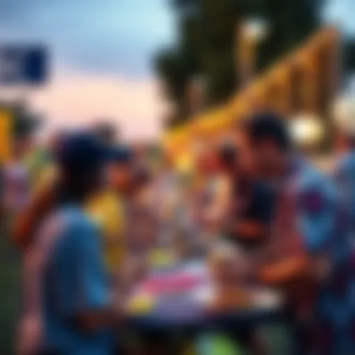 A vibrant scene of people enjoying a pickleball tournament and sampling Kendu-branded food products, showcasing community engagement and crypto culture.
