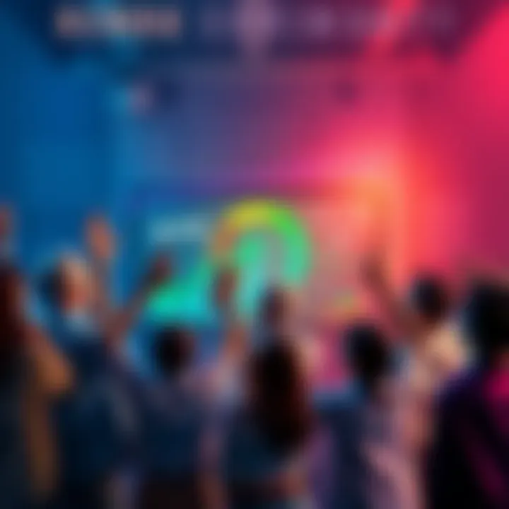 A diverse group of people celebrating around a digital screen displaying Kendu's HHI score and crypto graphics, symbolizing growth and community involvement.