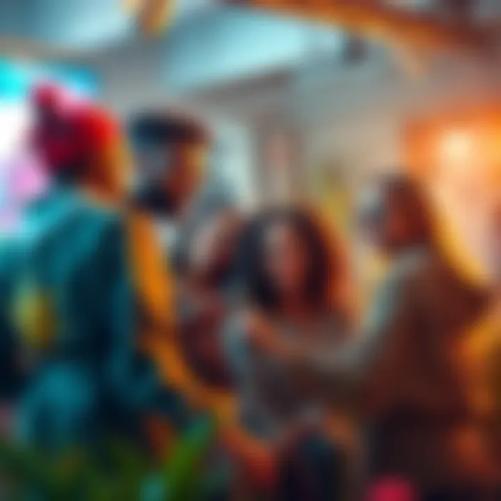 A group of diverse artists collaborating on projects, showcasing creativity and community spirit.