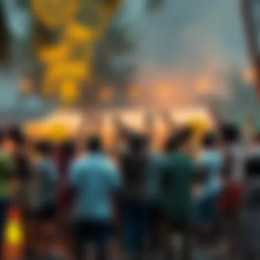 A group of diverse people celebrating and discussing ideas in a lively outdoor setting, representing the Kendu memecoin movement.