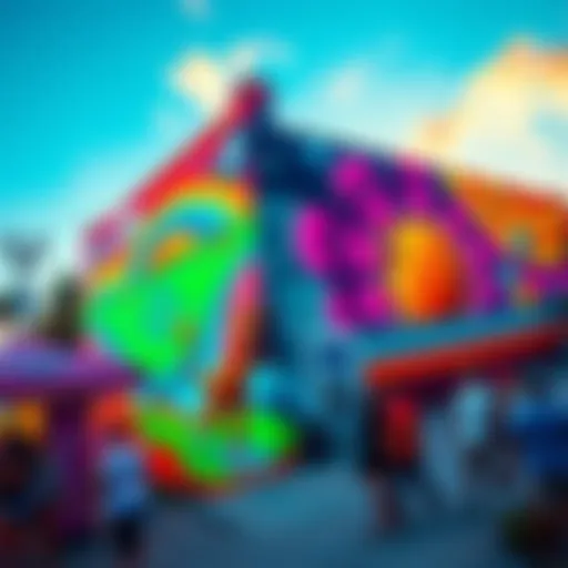 A vibrant mural promoting Kendu memecoin, showcasing bright colors and playful designs, with people enjoying the community event nearby.