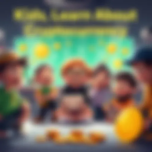 Children animatedly exploring cryptocurrency concepts in a colorful show setting with fun characters.