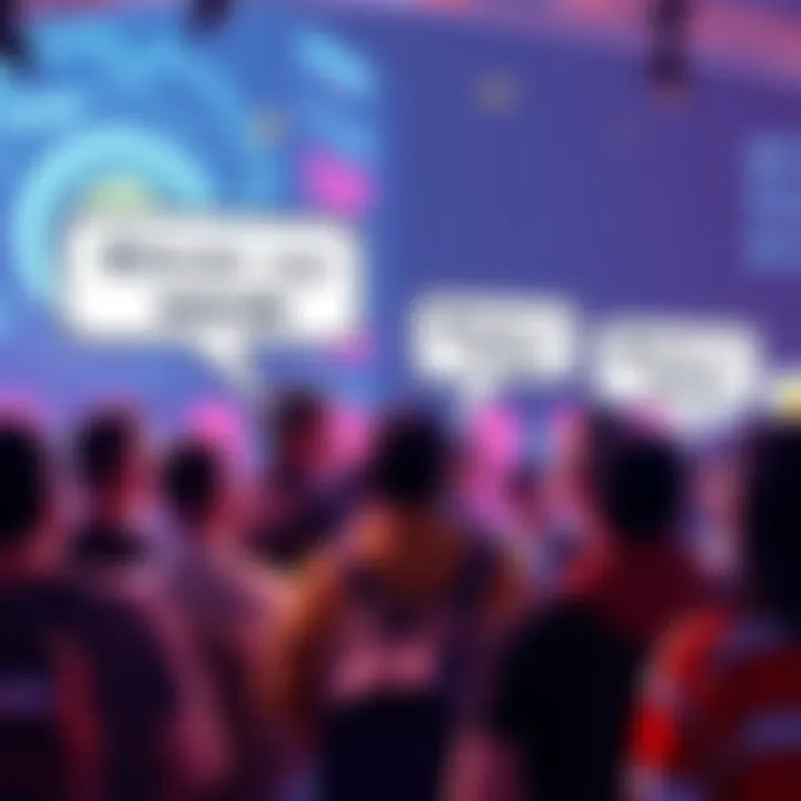 A group of crypto enthusiasts on KuCoin discussing Bitcoin, expressing their views with speech bubbles showing three key words. Vibrant atmosphere with digital currency graphics in the background.