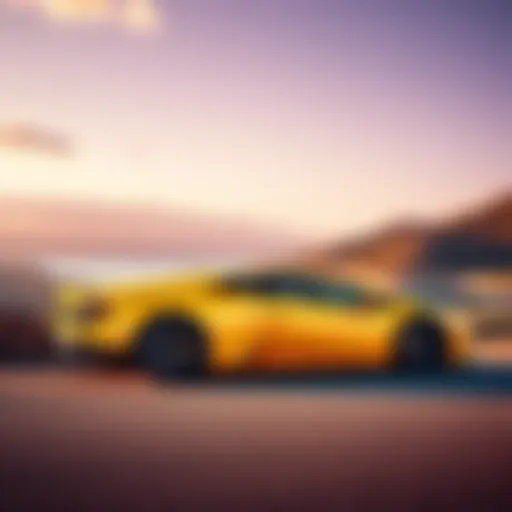 A bright yellow Lamborghini sports car parked beside a scenic view, showcasing luxury and excitement.