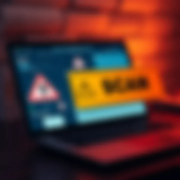 A laptop displaying warning signs about online scams, highlighting public concerns.