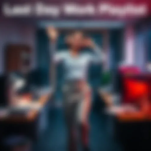 A cheerful person with headphones dancing in an office, with a desk cleared of belongings, symbolizing the excitement of leaving a job after success.