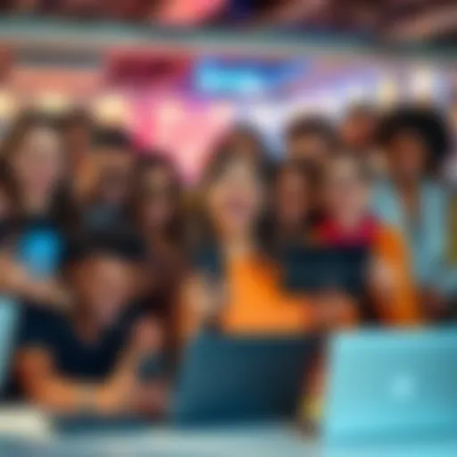 A group of diverse people smiling and laughing while using their phones and laptops, sharing memes and emojis in a lively online environment.