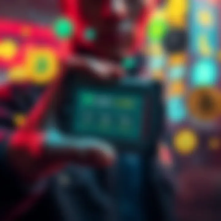 A person holding a Ledger cold wallet with a digital screen displaying cryptocurrency balances, surrounded by various tokens and DeFi symbols.