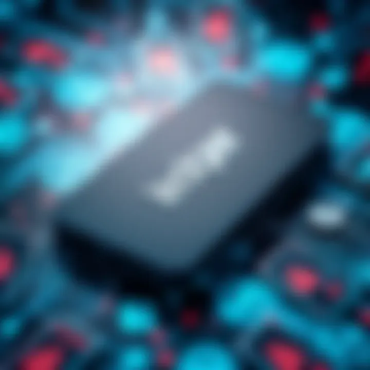 A close-up of the Ledger hardware wallet surrounded by digital security symbols, showcasing its role in protecting assets.