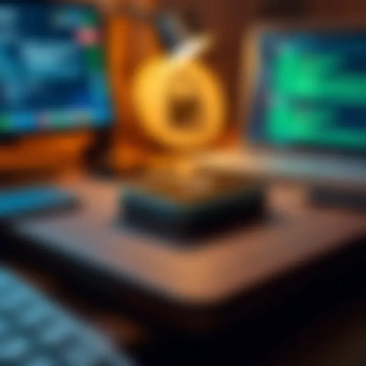 A close-up view of a Ledger device on a wooden desk, surrounded by security-related items like a lock and computer screen showing alerts.