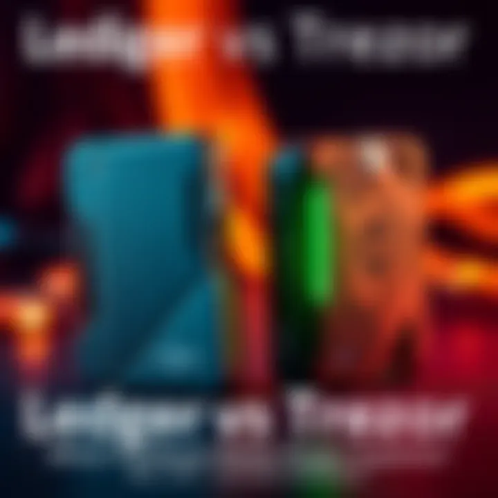 Ledger and Trezor Hardware Wallets Two hardware wallets shown side by side, each with a unique design, representing Ledger and Trezor in a comparison setting.