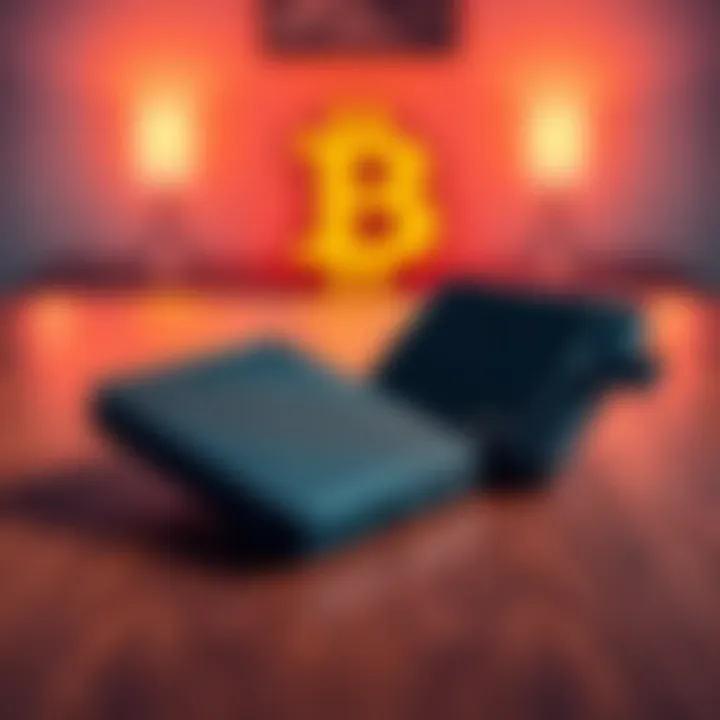 Two hardware wallets, Ledger and Trezor, placed on a wooden table with a bitcoin symbol in the background