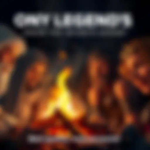A group of legendary figures sharing stories around a fire, with expressions of wonder and excitement on their faces.