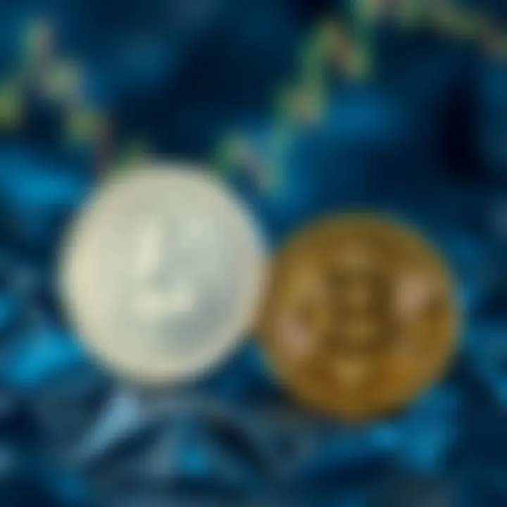 A visual comparison showing Litecoin and Bitcoin symbols, with Litecoin depicted as silver and Bitcoin as gold, emphasizing their market value relationship.