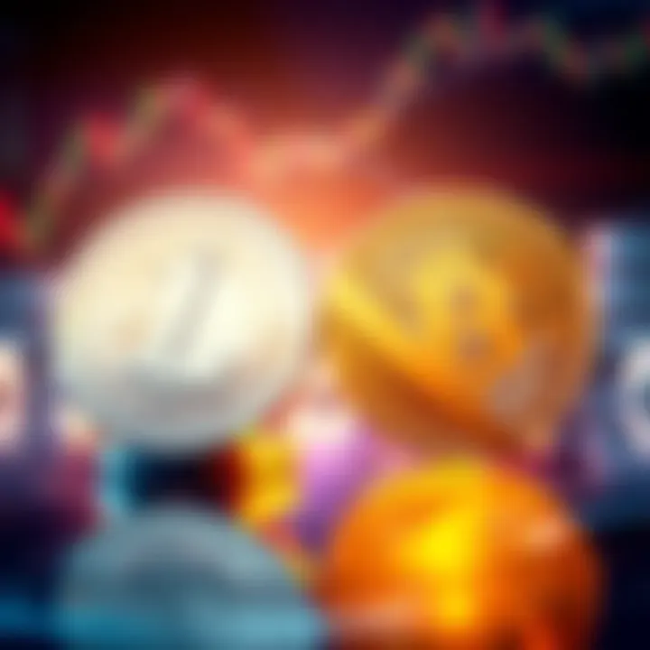 Illustration showing Litecoin symbol next to Bitcoin symbol, highlighting their differences in transaction speed and mining process.