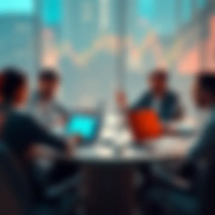 A group of people discussing Litecoin trading strategies at a round table with laptops and charts.