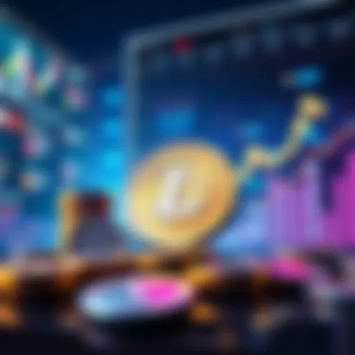 A visual representation of Litecoin treasuries showing coins and graphs indicating growth, with investors discussing in the background.