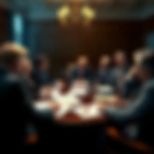 A group of people in a meeting discussing lobbying strategies and financial implications for a pardon, with documents and charts on the table