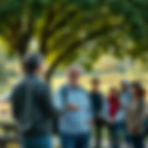 A local man shares his innovative solution with a group of engaged community members at a park.