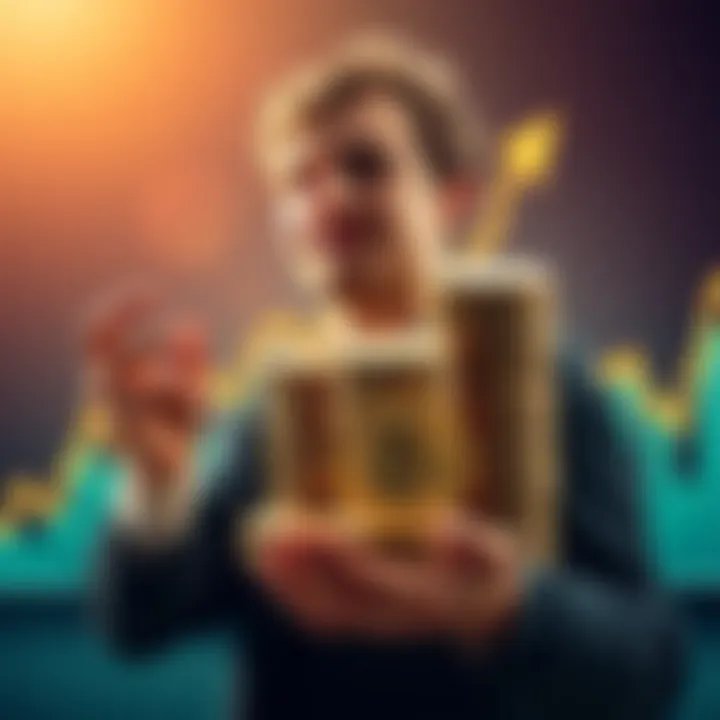 A person holding a stack of memecoins, looking hopeful for future gains, with a background of a rising graph.